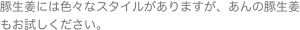 豚生姜には色々なスタイルがありますが、あんの豚生姜もお試しください。